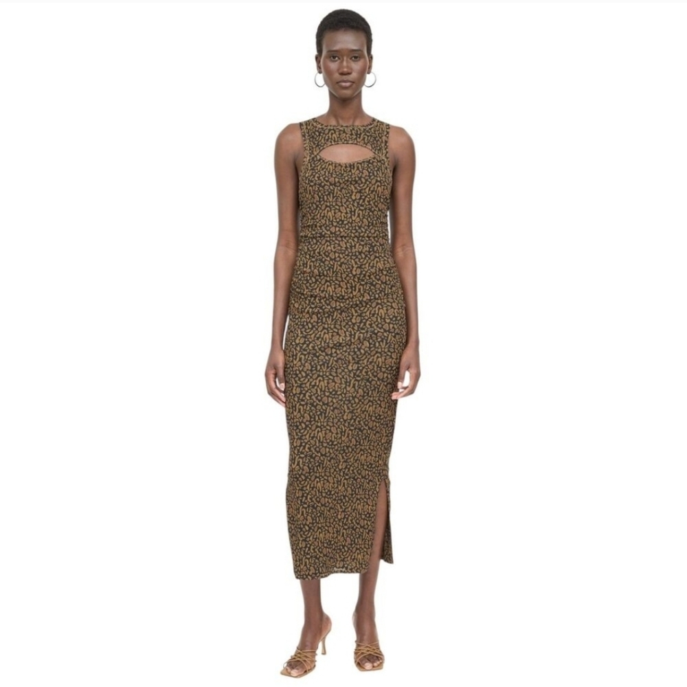 Nanushka Rilo Midi Dress Brown Mesh Ocelot Print Bodycon